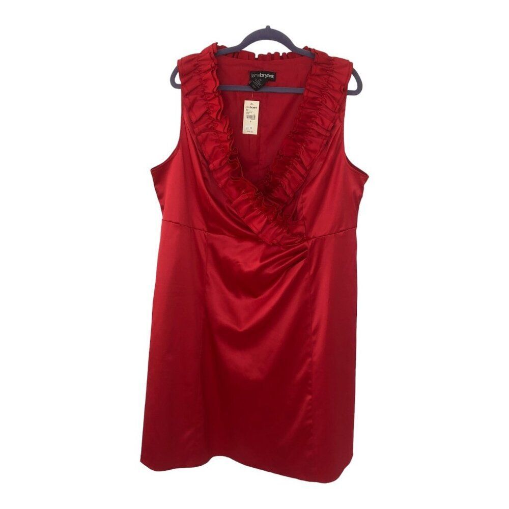 Lane Bryant NWT Silky Red Satin Ruffle Deep V-Neck Pleated Cocktail Dress Sz 22‎
